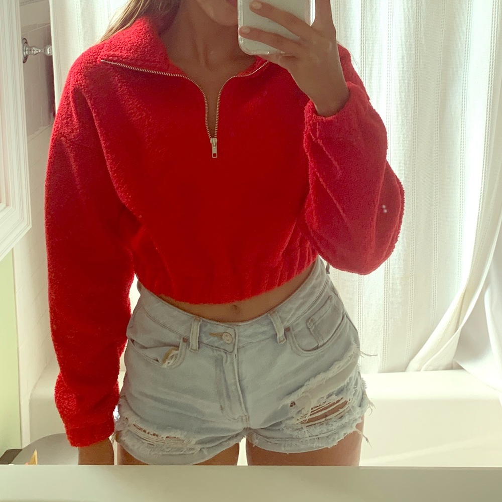 Cropped Red Fuzzy Quarter Zip Sweater